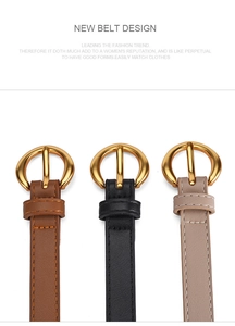 Close-up of golden horseshoe metal buckles on slim leather belts in three classic colors