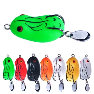 Detail of frog-shaped lure with double hooks and metallic spinner showing 7 colors