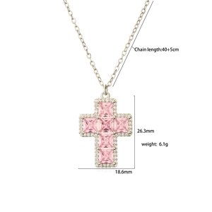 Silver cross necklace with pink square-cut zircons and dimension markings for sizing