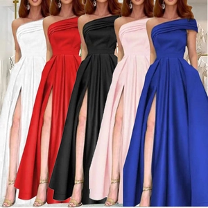 Robe De Soirée En Satin À Une Épaule Fente Haute Plissée Robe De Bal Dos Lacé Fête Formelle Maxi Pour Femmes Élégante