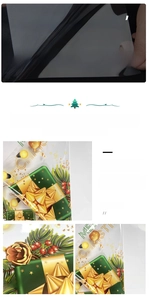Detail of PVC static cling window film with golden Christmas tree and star patterns