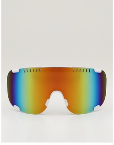Front detail of white sports sunglasses with multi-color rainbow lenses and top vents