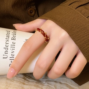 Vintage 24K gold plated ring with red enamel details and geometric texture