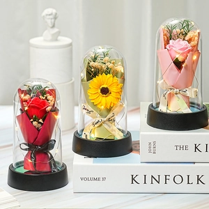 Preserved rose and sunflower in glass dome with LED lights for gift decoration