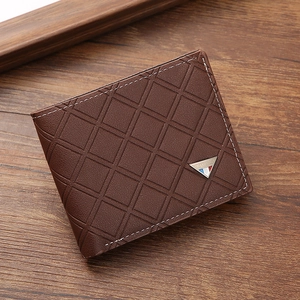 Men's bifold short wallet in dark brown faux leather with classic geometric pattern