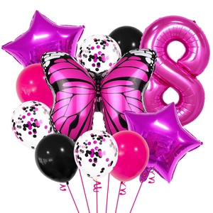Detail of pink butterfly and number 8 foil balloon set with colorful latex party balloons