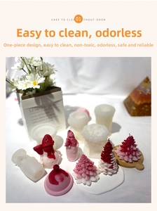 Detailed view of silicone molds for DIY Christmas tree candles and snowman wax shapes