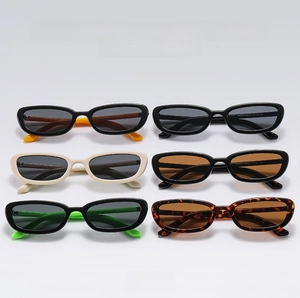 Matrix display of retro narrow-frame sunglasses in various colors with a sleek vintage look