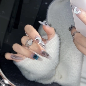 Blueberry ice crystal press-on nails with 3D moon and silver gemstone accents