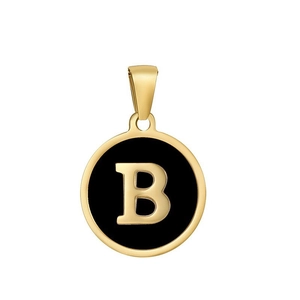 Polished gold stainless steel letter B pendant with black enamel inlay and metal clasp