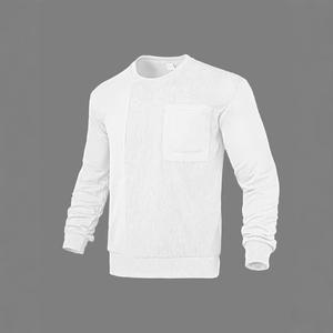 Detailed view of white long sleeve sweatshirt with vertical texture and chest pocket