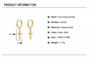Macro view of gold titanium steel cross earring showing precise dimensions and 2.77g weight