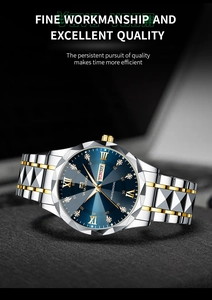 Detail of blue sunray dial with Roman numerals and dual calendar on men's business watch