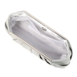 Silver satin evening clutch with metal frame and internal pocket shown from top view