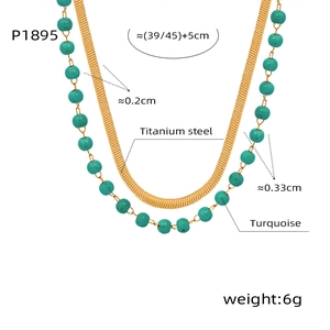 Detailed view of titanium steel snake chain and turquoise beads with precise measurements