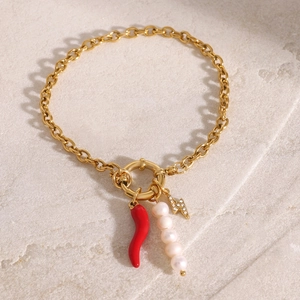 Bracelet en acier inoxydable plaqué or 18k avec pendentifs piment perle et éclair