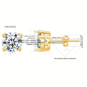 Detail showing the exact dimensions and sizes of S925 sterling silver zircon stud earrings