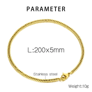 Detailed parameter display of gold 200mm x 5mm stainless steel curb chain bracelet
