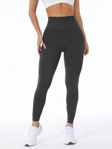 Leggings da yoga a vita alta grigio antracite senza cuciture con trama a costine fit