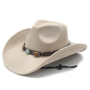 Khaki faux suede cowboy hat with turquoise wood bead band and windproof chin strap