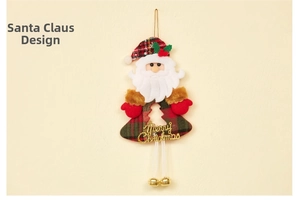 Detail of Santa Claus ornament with Merry Christmas sign and golden bells for tree decoration