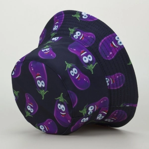 Close-up of navy blue bucket hat featuring repeating cute cartoon eggplant prints