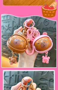Close-up showing the rotating face detail and silicone strap of Capybara keychains