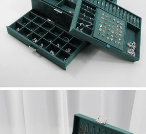 Detailed top view of dark green velvet jewelry box with three layers and metal lock