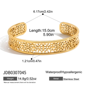 Detail showing 18K gold stainless steel lace cuff bangle size with measurement annotations