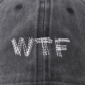 Front view of charcoal washed cotton baseball cap with white WTF letter embroidery