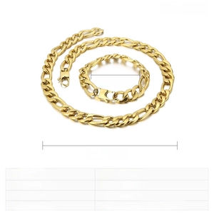Detail showing the gold Figaro chain set dimensions with necklace and bracelet sizes