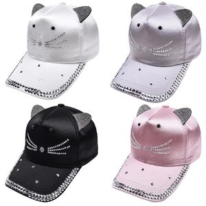 Women's cat ear baseball caps with rhinestone feline motif in four assorted colors