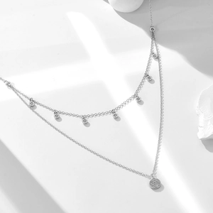 Double-layered 925 silver necklace with round pendants and sparkling zircon stones