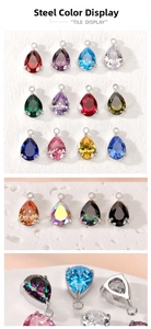 Macro shot of assorted pear-cut colorful birthstone pendants with steel claw settings