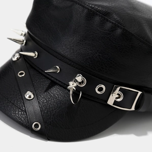 Punk style black faux leather military cap with silver spikes and stud decorations