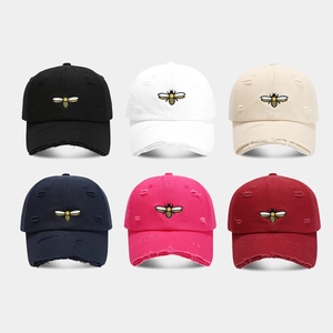 Vintage Cotton Baseball Cap With Bee Embroidery Distressed Ripped Hole Detail Sun Protection Street Style Unisex