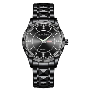 All-black quartz watch for men featuring multi-faceted metal strap and dual calendar display