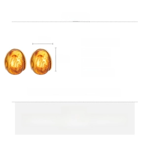 Detailed spec sheet showing amber resin oval earrings with 2.5x2cm dimensions and alloy material