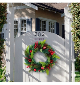 Detail of Christmas wreath with red berries and pine cones hanging on a white wooden door