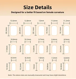 Detailed size chart for press-on nails featuring 15 different dimensions for a perfect fit