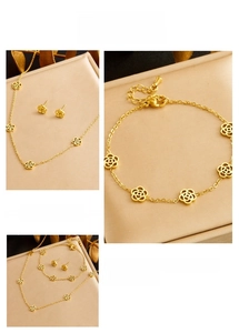 Detail of gold-plated hollow rose pendant necklace and earrings jewelry set