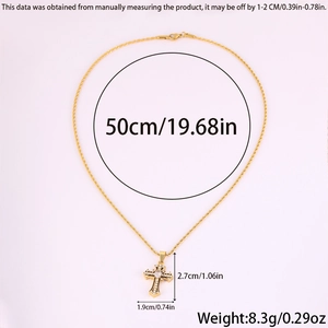 Detail shot showing 50cm length and 2.7x1.9cm cross pendant dimensions on gold necklace