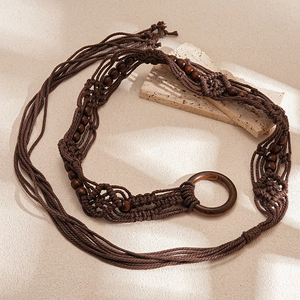 Bohemian hand-woven coffee cotton rope waist belt with wooden beads and round buckle