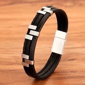 Three-layer braided black leather bracelet for men with silver magnetic steel clasp