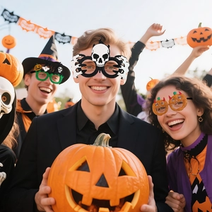Tre persone che indossano occhiali di Halloween glitterati con zucca e teschio a una festa
