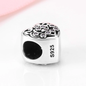 S925 sterling silver heart charm with purple stones and hollow design for DIY bracelets