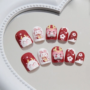 Burgundy New Year press-on nails with 3D dragon and plum flower designs, 10-piece set