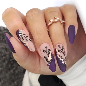Press On Nails Matte Purple Nude Long Oval False Nails Elegant Black Leaf Pattern Gold Glitter For Women