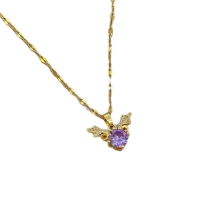 Titanium steel necklace featuring a deer wing pendant with purple gemstone and zircons