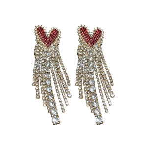 Sparkling dark red heart tassel earrings with silver crystal fringe on white background